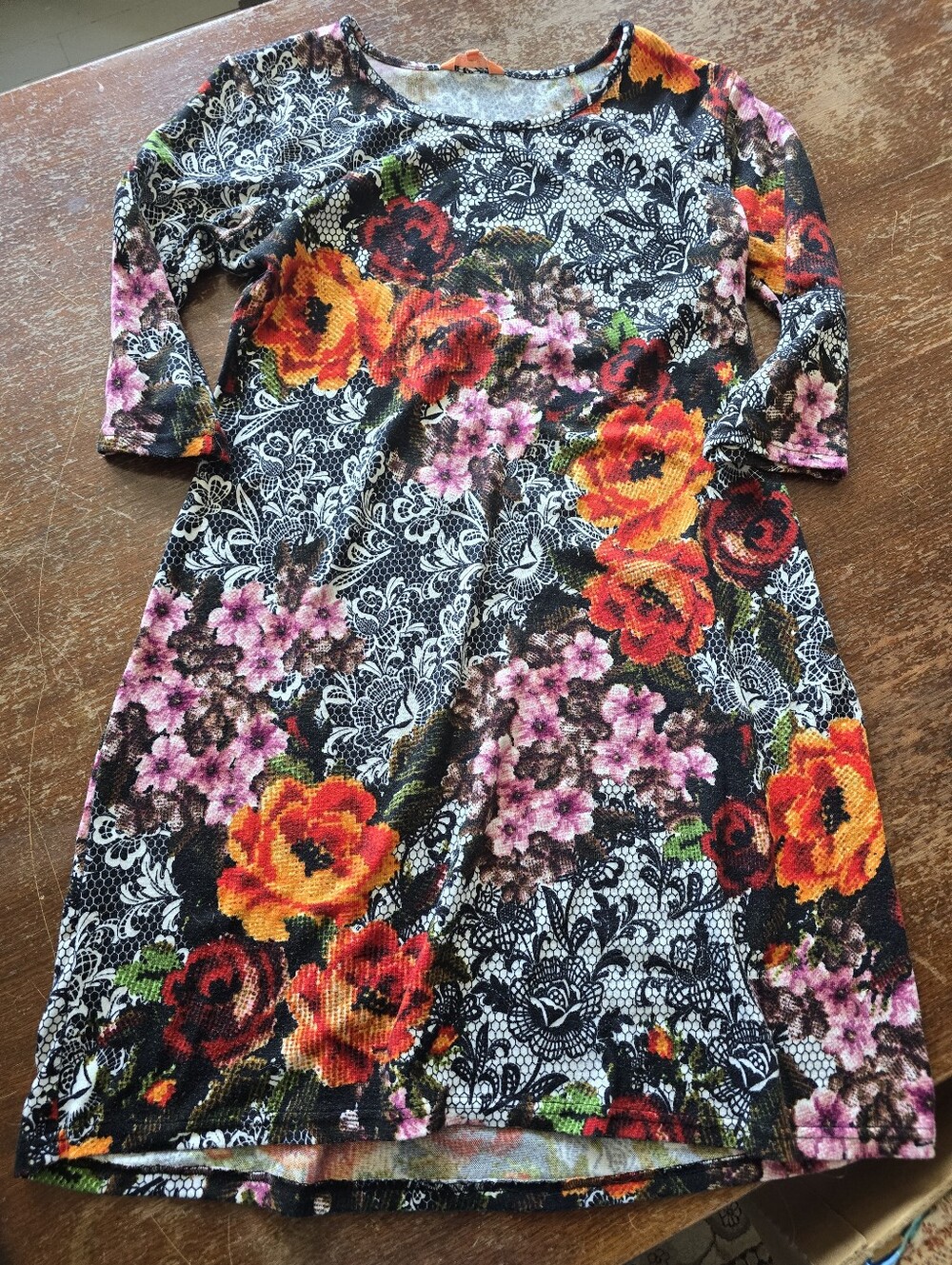 Floral Lace-Print Casual Dress in Black with Orange & Pink Blooms